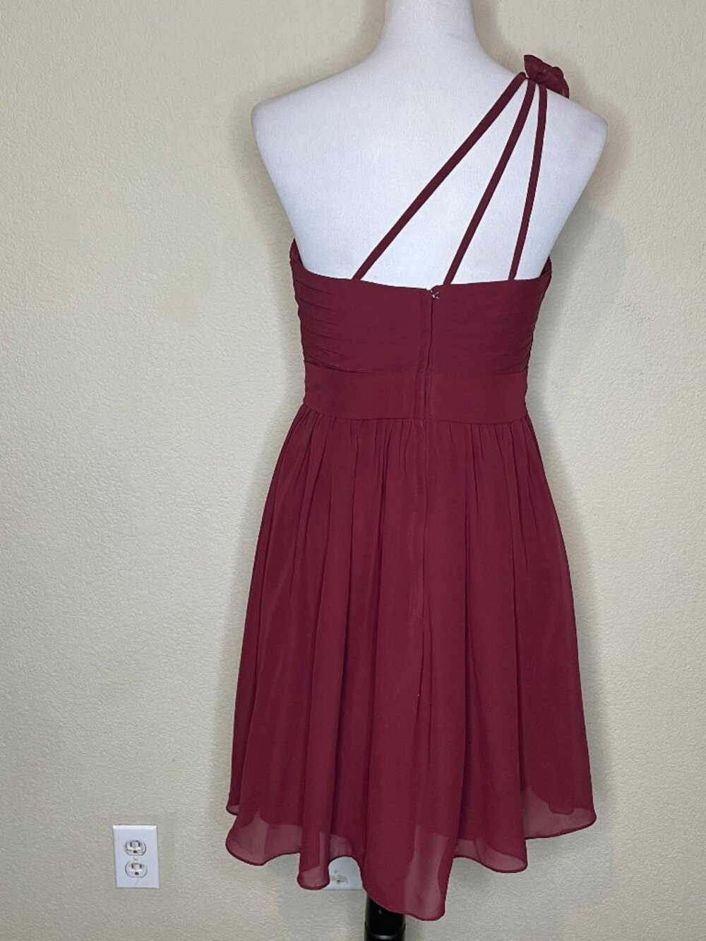 VINTAGE Romantigoth Burgundy Rosette Chiffon One Shoulder Asymmetric Dress 6 - Picture 5 of 15